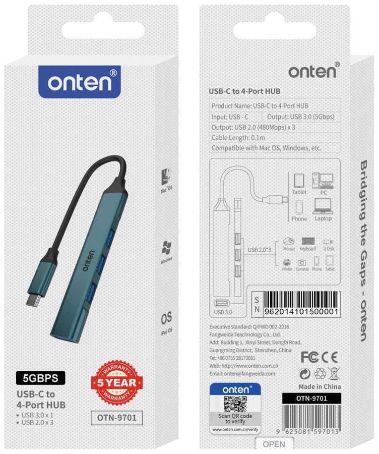ONTEN OTN-9701 USB HUB/Type-C to 4-Port USB 3.0 Hub