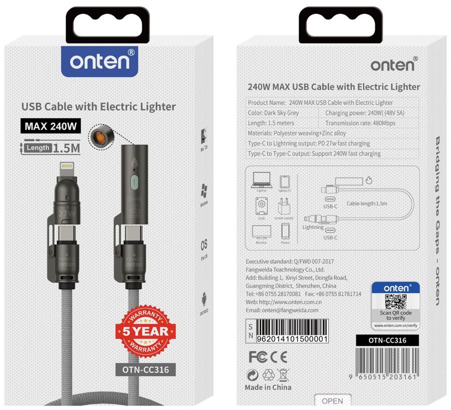 ONTEN OTN-CC316 USB Cable with Electric Lighter
