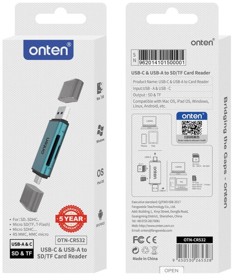 ONTEN OTN-CR532 2-in-2 USB3.0 A+C to SD+TF Card Reader 2.0