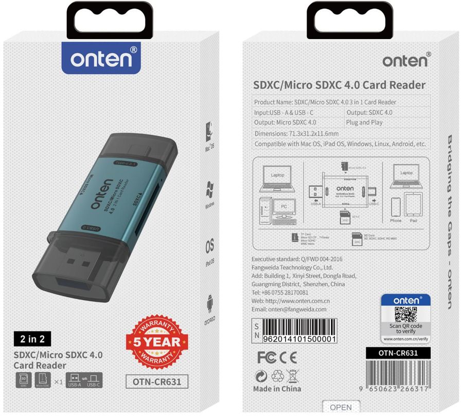 ONTEN OTN-CR631 3-in-1 USB-A/C SD4.0+TF4.0 Card Reader
