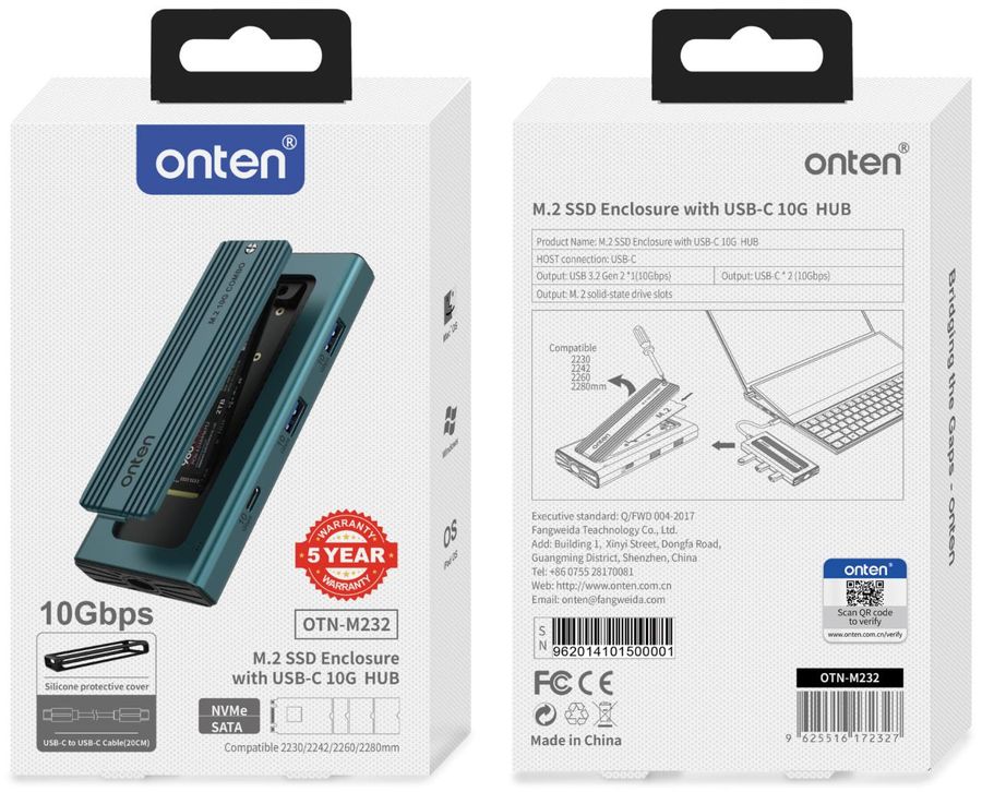 ONTEN OTN-M232 4-in-1 USB-C 10G HUBs with M.2 SSD Enclosure