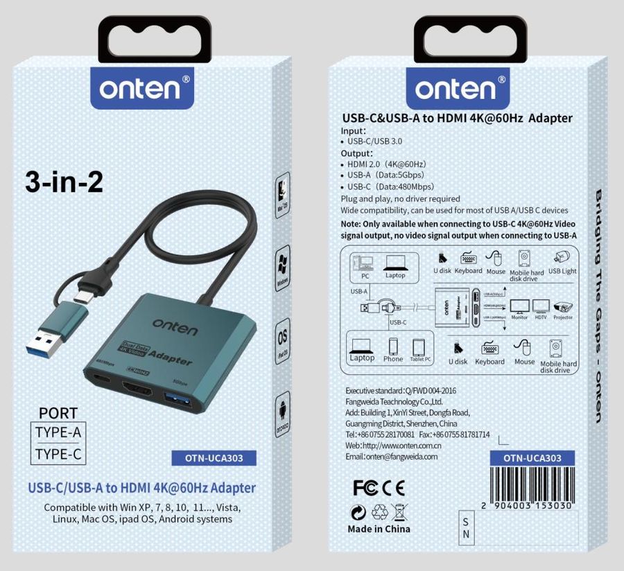ONTEN OTN-UCA303 3-in-2 USB-C&USB-A to HDMI 4K@60Hz Adapter Support: M1 chip iPad Pro/Air/mini